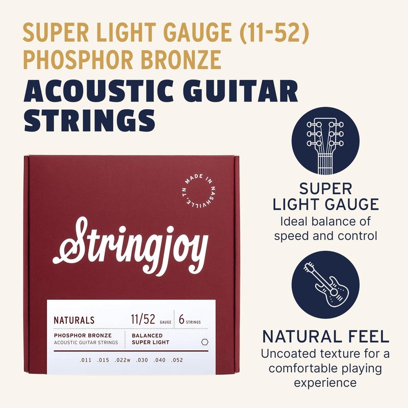 Stringjoy NB1152 Naturals Phosphor Bronze Acoustic Guitar Strings, 11-52 Durable Super light Gauge Acoustic Guitar Strings, Premium Guitar Strings Acoustic 6 String Set for Clear Tones - Image 2